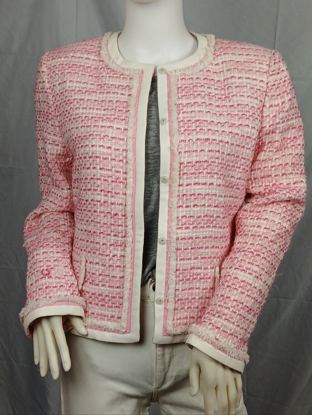 Tahari Arthur S. Levine Pink White Boucle Tweed Fringe Trim Jacket Size 10